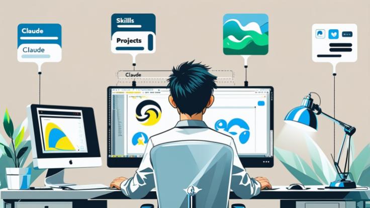 Claude AI features Cowork Projects Skills and Claude Code, developer with glasses sitting at desk facing large monitor with colorful syntax-highlighted code, four glowing panels floating above the desk, da-8U0lunjg52.jpg